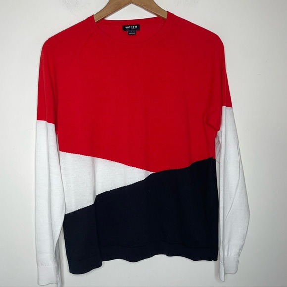 Worth New York Women's Sweater Black White Red Color Block Crewneck Size L 57% C - Picture 4 of 8